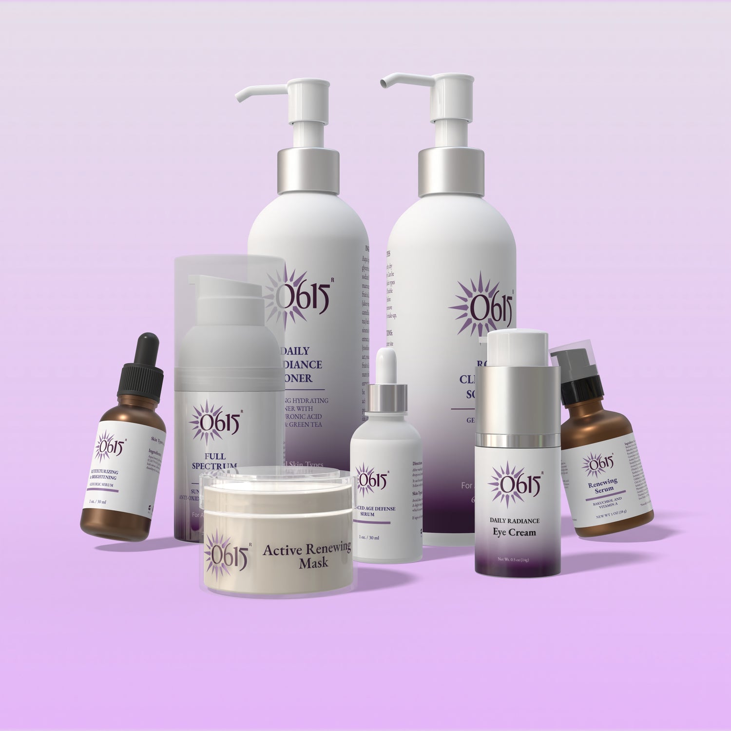 Collection of skincare products with '615' branding on a light purple background