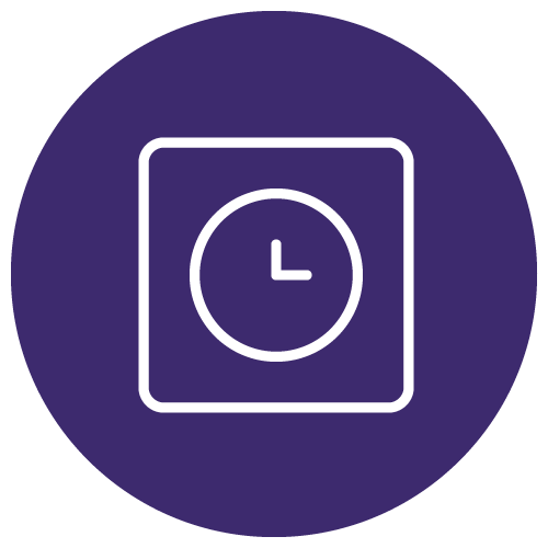 White clock icon on a purple circle