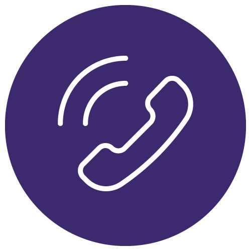 White phone icon on a purple circle